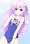  blue_swimsuit blush d-pad d-pad_hair_ornament doria_(5073726) hair_ornament highres long_hair name_tag nepgear neptune_(series) old_school_swimsuit one-piece_swimsuit purple_eyes purple_hair school_swimsuit solo swimsuit 