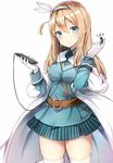  aqua_skirt bangs belt between_breasts blonde_hair blue_eyes blue_skirt blush breasts cellphone closed_mouth cowboy_shot earbuds earphones eighth_note eyebrows_visible_through_hair fur_collar girls_frontline hair_between_eyes hairband holding holding_phone in-ear_earphones long_hair looking_at_viewer luse_maonang medium_breasts military military_uniform musical_note phone simple_background single_earphone_removed skirt smartphone solo strap_cleavage striped striped_skirt suomi_kp31_(girls_frontline) thighhighs thighs uniform white_background zettai_ryouiki 