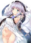 alternate_costume armpits arms_behind_head bad_id bad_pixiv_id banned_artist blue_eyes bottomless breasts cloak colored_eyelashes cowboy_shot dress granblue_fantasy groin hood hooded_cloak lily_(granblue_fantasy) looking_at_viewer navel open_mouth pointy_ears pussy silver_hair small_breasts solo suihi thighs white_dress 