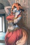  anthro bulge canine clothed clothing dickgirl fur hair intersex looking_at_viewer mammal navel okithau smile solo thick_thighs 