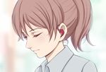  blurry blurry_background brown_hair closed_eyes closed_mouth collared_shirt crying eyelashes from_side grey_shirt headphones hearing_aid koe_no_katachi miura-n315 nishimiya_shouko nose ponytail profile shirt short_hair solo streaming_tears tears upper_body wing_collar 