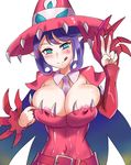 1girl areola_slip areolae bandai blush breasts cleavage demon_girl digimon digimon_universe:_appli_monsters female hat large_breasts leotard long_hair looking_at_viewer monster_girl naughty_face nipples smile solo succubus symbol-shaped_pupils warudamon 