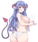  ass blue_hair blush breasts cup demon_girl hasu_(hk_works) horns large_breasts long_hair looking_at_viewer looking_back open_mouth original panties pointy_ears purple_eyes saucer simple_background smile solo succubus tail teacup underwear white_background white_panties 