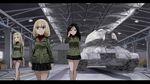  black_hair blonde_hair blue_eyes camouflage camouflage_jacket camouflage_skirt caterpillar_tracks clara_(girls_und_panzer) couai crate digital_camouflage girder girls_und_panzer ground_vehicle hangar highres katyusha letterboxed military military_vehicle motor_vehicle multiple_girls nonna open_mouth pravda_school_uniform raised_eyebrows skirt smirk t-34 tank world_of_tanks 