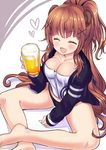  :d ^_^ alcohol animal_ears bad_id bad_pixiv_id bangs bear bear_ears beer beer_mug between_legs black_panties blush breasts brown_hair closed_eyes collarbone cup eyebrows_visible_through_hair facing_viewer fang hair_ornament hand_between_legs haruta_(806060) heart holding holding_cup indian_style jacket long_hair medium_breasts mug open_clothes open_jacket open_mouth original panties personification ponytail sitting smile solo teeth thighs underwear very_long_hair wavy_hair x_hair_ornament 