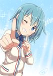  blue_eyes blue_hair blush mahou_shoujo_madoka_magica sayaka_miki seifuku short_hair wink 