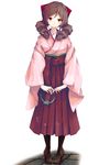  anchor bow brown_hair drill_hair full_body hair_bow hakama harukaze_(kantai_collection) highres japanese_clothes kantai_collection kimono long_hair looking_at_viewer meiji_schoolgirl_uniform momin pink_kimono red_bow red_eyes red_hakama solo standing twin_drills white_background 