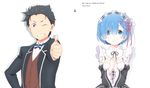  1girl absurdres black_hair black_ribbon blue_eyes blue_hair bow bowtie detached_sleeves dress formal grin hair_ribbon hands_clasped headdress highres looking_at_viewer natsuki_subaru neck_ribbon one_eye_closed own_hands_together pink_ribbon re:zero_kara_hajimeru_isekai_seikatsu rem_(re:zero) ribbon sakai_kyuuta short_hair simple_background smile thumbs_up white_background 