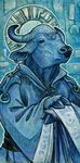  anthro blue_eyes blue_theme bovine cattle clothing ear_piercing horn male mammal piercing saint solo ursula_vernon 