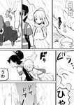  1boy 1girl backpack boldore comic hat jangmo-o lillie_(pokemon) male_protagonist_(pokemon_sm) monochrome mountain open_mouth pokemon pokemon_(creature) pokemon_(game) pokemon_sm ponytail short_hair striped_shirt sweatdrop text translation_request tripping walking 