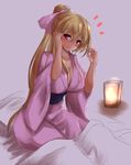  1girl absurdres adjusting_hair amagi_(amagi626) bangs blonde_hair blush breasts cleavage commentary_request futon highres japanese_clothes kimono lantern large_breasts lips long_hair looking_at_viewer obi ponytail purple_eyes sash scrunchie shiny shiny_hair shiny_skin sitting sketch smile solo touhou very_long_hair yakumo_yukari 