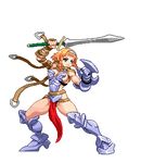  armor armored_boots blonde_hair blue_eyes boots braid breasts buckle closed_mouth commentary_request fighting_stance full_body gauntlets hairband holding holding_shield holding_sword holding_weapon large_breasts leather leina lowres pixel_art queen's_blade shield short_hair_with_long_locks side_braid sideboob solo sword t.s. thick_thighs thighs toned twin_braids weapon 