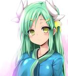  aqua_hair blush breasts fate/grand_order fate_(series) hair_ornament hairclip horns japanese_clothes kimono kiyohime_(fate/grand_order) long_hair looking_at_viewer medium_breasts sen_(astronomy) sleeves_past_wrists smile solo yellow_eyes 