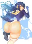  ass black_hair boots breasts brown_eyes colk emperor_penguin_(kemono_friends) hair_over_one_eye headphones highleg highres hood hoodie jacket kemono_friends large_breasts leg_up leotard long_hair looking_at_viewer looking_back multicolored_hair open_clothes open_mouth smile solo standing standing_on_one_leg tail thighhighs white_legwear white_leotard 