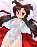  animal_ears blush breasts brown_hair cowboy_shot imaizumi_kagerou long_hair medium_breasts on_bed red_eyes school_swimsuit shiny shiny_skin shirt skirt solo swimsuit touhou undressing white_school_swimsuit white_swimsuit winn wolf_ears 