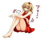  aki_shizuha alternate_costume amagi_(amagi626) bare_arms bare_legs bare_shoulders barefoot blonde_hair blush dress hair_ornament highres leaf_hair_ornament leaf_print legs_together looking_at_viewer no_panties open_mouth short_hair sigh simple_background sitting sketch solo thighs touhou white_background yellow_eyes 