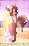  akari_(artist) anthro beach bikini canine clothing female fox looking_at_viewer mammal oreo-septim seaside smile solo standing surfboard swimsuit 