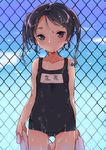  ass_visible_through_thighs black_eyes black_hair braid chain-link_fence child collarbone covered_navel cowboy_shot eyebrows_visible_through_hair fence ichihaya long_hair looking_at_viewer name_tag original school_swimsuit solo standing swimsuit towel twin_braids wet wet_clothes 