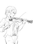  absurdres alternate_costume bow_(instrument) cowboy_shot darjeeling girls_und_panzer greyscale highres instrument monochrome music pants playing_instrument short_hair sketch smile snow_(1477031) solo violin white_background 