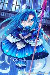  blue_hair breasts cleavage company_name feathers full_body gyakushuu_no_fantasica hair_ornament large_breasts long_hair moon nishiwaki_yuuri official_art petals polearm red_eyes solo sparkle spear teeth weapon window 