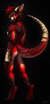  2014 anthro butt canine claws dragon falvie fur hair hybrid looking_at_viewer male mammal nude pawpads paws red_eyes red_fur red_hair red_skin simple_background solo standing toe_claws wolf 