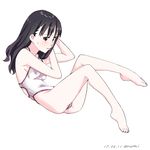  ass baba_arumi barefoot black_eyes black_hair blush breasts feet long_hair medium_breasts one-piece_swimsuit original simple_background solo sweatdrop swimsuit white_background white_swimsuit 