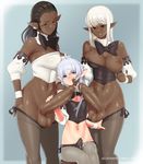  1boy 2girls areolae black_hair blue_eyes bowtie breasts cleavage crossdressing cum cum_through_clothes cumdrip dark_skin erection erection_under_clothes fishnets full-package_futanari futa_with_male futanari hand_on_another&#039;s_face hand_on_hip interracial large_breasts large_penis long_hair looking_down multiple_girls navel necrosmos nipples penis pointy_ears red_eyes shirt_pull sitting size_difference smile standing testicles trap veiny_penis white_hair 