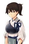  arms_at_sides bow breasts brown_eyes brown_hair expressionless flight_deck hair_between_eyes hair_bow hakama hakama_skirt japanese_clothes kaga_(kantai_collection) kantai_collection looking_at_viewer medium_breasts muneate side_ponytail simple_background sketch solo upper_body v_arms wa_(genryusui) white_background 
