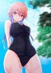  ahoge arms_behind_back ass_visible_through_thighs bangs black_swimsuit blue_sky blurry blush breasts cloud cloudy_sky commentary_request covered_navel cowboy_shot day depth_of_field eyebrows_visible_through_hair hair_between_eyes highres idolmaster idolmaster_cinderella_girls long_hair looking_at_viewer medium_breasts multicolored_hair ninomiya_asuka outdoors parted_lips pink_hair purple_eyes purple_hair ryuu. school_swimsuit short_hair_with_long_locks sky solo swimsuit thigh_gap thighs two-tone_hair 