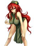 absurdres amagi_(amagi626) bare_shoulders beret blush braid breasts chinese_clothes cowboy_shot hat highres hong_meiling huge_breasts leaning_forward long_hair looking_at_viewer red_eyes red_hair simple_background smile solo star thighs touhou twin_braids white_background 