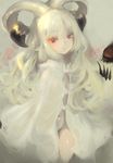  1girl bottomless female horns inayan long_hair naked_cloak navel no_panties original pointy_ears red_eyes shiny_skin solo white_hair 