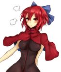 amagi_(amagi626) blush bow breasts capelet hair_bow highres large_breasts looking_at_viewer pout red_eyes red_hair sekibanki short_hair simple_background sketch skin_tight solo touhou upper_body white_background 