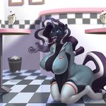  2017 anthro anthrofied clothed clothing dessert equine female food glowing hair horn ice_cream inside kevinsano kneeling legwear levitation long_hair looking_at_viewer magic mammal multicolored_hair my_little_pony nightmare_rarity_(idw) nipple_bulge open_mouth solo tongue two_tone_hair unicorn 