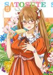  2016 artist_name bow brown_hair comiket dress earrings flower flower_request food glasses hair_bow jewelry looking_at_viewer orange_dress original popsicle red-framed_eyewear solo twintails watch wristwatch yamaguchi_satoshi 
