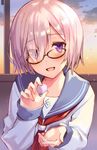  black-framed_eyewear blush eyebrows_visible_through_hair fate/grand_order fate_(series) food glasses haru_(hiyori-kohal) head_tilt holding holding_food looking_at_viewer mash_kyrielight pink_hair purple_eyes school_uniform serafuku short_hair solo sunset upper_body 