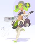  arm_cannon black_gloves blush crop_top dark_skin detached_sleeves drill_hair flat_chest full_body gloves green_hair grey_legwear loincloth mecha_musume naik navel orisa_(overwatch) overwatch pelvic_curtain personification platform_footwear solo suspenders symbol-shaped_pupils thighhighs twin_drills weapon whisker_markings yellow_eyes 