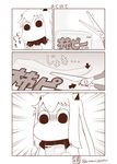  4koma angry artist_name collar comic commentary cutting gradient gradient_background greyscale highres horns kantai_collection long_hair mittens monochrome moomintroll muppo northern_ocean_hime package pointer sazanami_konami scissors shinkaisei-kan sidelocks sparkle translated twitter_username 