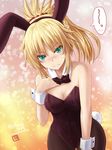  animal_ears blonde_hair bow bowtie breasts bunny_ears bunny_tail bunnysuit cleavage cowboy_shot detached_collar fang fate/apocrypha fate_(series) green_eyes haura_akitoshi long_hair looking_at_viewer medium_breasts mordred_(fate) mordred_(fate)_(all) pantyhose ponytail solo spoken_squiggle squiggle tail wrist_cuffs 