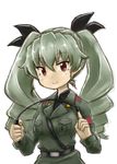  anchovy anzio_military_uniform bangs belt black_ribbon black_shirt brother_tomita closed_mouth dress_shirt drill_hair girls_und_panzer green_hair grey_jacket hair_ribbon holding jacket long_hair long_sleeves looking_at_viewer military military_uniform red_eyes ribbon riding_crop school_uniform shirt shoulder_belt simple_background sketch smile solo standing twin_drills twintails uniform upper_body white_background 