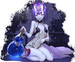 bob_cut breasts eyebrows eyebrows_visible_through_hair fangs fate/grand_order fate_(series) hand_on_own_stomach horns lip-mil looking_at_viewer navel oni oni_horns open_mouth pale_skin purple_eyes purple_hair short_hair shuten_douji_(fate/grand_order) sitting small_breasts smile solo spread_navel wariza 