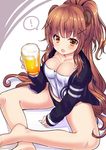  1girl :o alcohol animal_ears bad_id bad_pixiv_id bangs bear bear_ears beer beer_mug between_legs black_panties blush breasts brown_eyes brown_hair collarbone commentary_request cup eyebrows_visible_through_hair hair_ornament hand_between_legs haruta_(806060) holding holding_cup indian_style jacket long_hair looking_at_viewer medium_breasts mug open_clothes open_jacket open_mouth original panties personification ponytail sitting solo spoken_exclamation_mark teeth thighs underwear v-shaped_eyebrows very_long_hair wavy_hair x_hair_ornament 