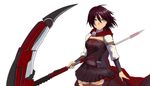  1girl breasts cape corset dress long_sleeves puffy_long_sleeves puffy_sleeves ruby_rose rwby scythe short_hair silver_eyes solo thighhighs weapon 