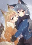  :o animal_ears bangs black_bow black_gloves black_neckwear black_skirt blonde_hair blue_jacket blush bow bowtie breasts chin_grab eyebrows_visible_through_hair ezo_red_fox_(kemono_friends) fox_ears fox_tail fur-trimmed_sleeves fur_trim gloves grey_hair hand_on_another's_chin highres jacket kemono_friends long_hair long_sleeves looking_at_viewer medium_breasts miniskirt momoirone multiple_girls open_mouth orange_jacket pantyhose pleated_skirt pocket silver_fox_(kemono_friends) skirt smile snow snowflakes tail white_bow white_neckwear white_skirt yellow_eyes 