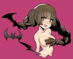  ban bat braid breasts brown_eyes brown_hair character_request collarbone eyebrows_visible_through_hair eyelashes fang long_hair looking_to_the_side medium_breasts navel simple_background solo topless twin_braids 