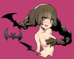  bad_id bad_pixiv_id ban bat braid breasts brown_eyes brown_hair character_request collarbone eyebrows_visible_through_hair eyelashes fang long_hair looking_to_the_side medium_breasts navel simple_background solo topless twin_braids 