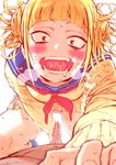  1girl assertive bags_under_eyes blonde_hair blurry blush boku_no_hero_academia breath censored depth_of_field fangs girl_on_top handjob hetero highres looking_at_viewer mosaic_censoring no_pants open_mouth panties penis pink_panties pointless_censoring pov red_eyes saliva school_uniform serafuku short_hair simple_background solo_focus sweat toga_himiko tongue underwear white_background yoro4545 