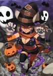  :o animal_ears asymmetrical_gloves asymmetrical_legwear bat belt black_gloves black_legwear breasts bustier candy cat_ears cat_tail claws cleavage elbow_gloves food from_above full_body ghost gloves graveyard grey_hair hair_between_eyes halloween highres hood_(james_x) jack-o'-lantern large_breasts long_scarf looking_at_viewer midriff navel orange_gloves orange_legwear orange_scarf original red_eyes scarf shorts solo standing standing_on_one_leg tail thighhighs tombstone vest 