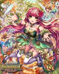  bow brown_hair copyright_name esphy fairy fairy_wings flower green_eyes hair_flower hair_ornament hairband leaf long_hair open_mouth red_hair shinma_x_keishou!_ragnabreak solo teeth thighhighs wings 