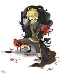  black_gloves blonde_hair blue_eyes braid gloves hair_over_one_eye male_focus open_mouth petals ponytail shiki_(hubin) shishiou shishiou_no_mofumofu smile squatting touken_ranbu 