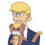  ambiguous_gender angry blonde_hair blue_eyes clothing digital_media_(artwork) donald_trump duo hair human humor male mammal necktie nintendo pok&eacute;mon simple_background suit teeth unknown_artist video_games what yungoos 